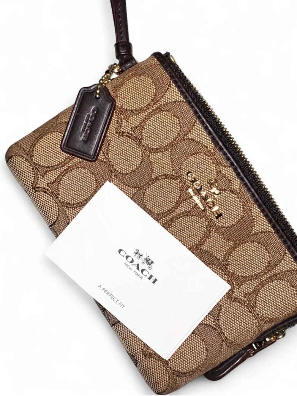Coach Brown and Tan Signature Double Zip Wristlet